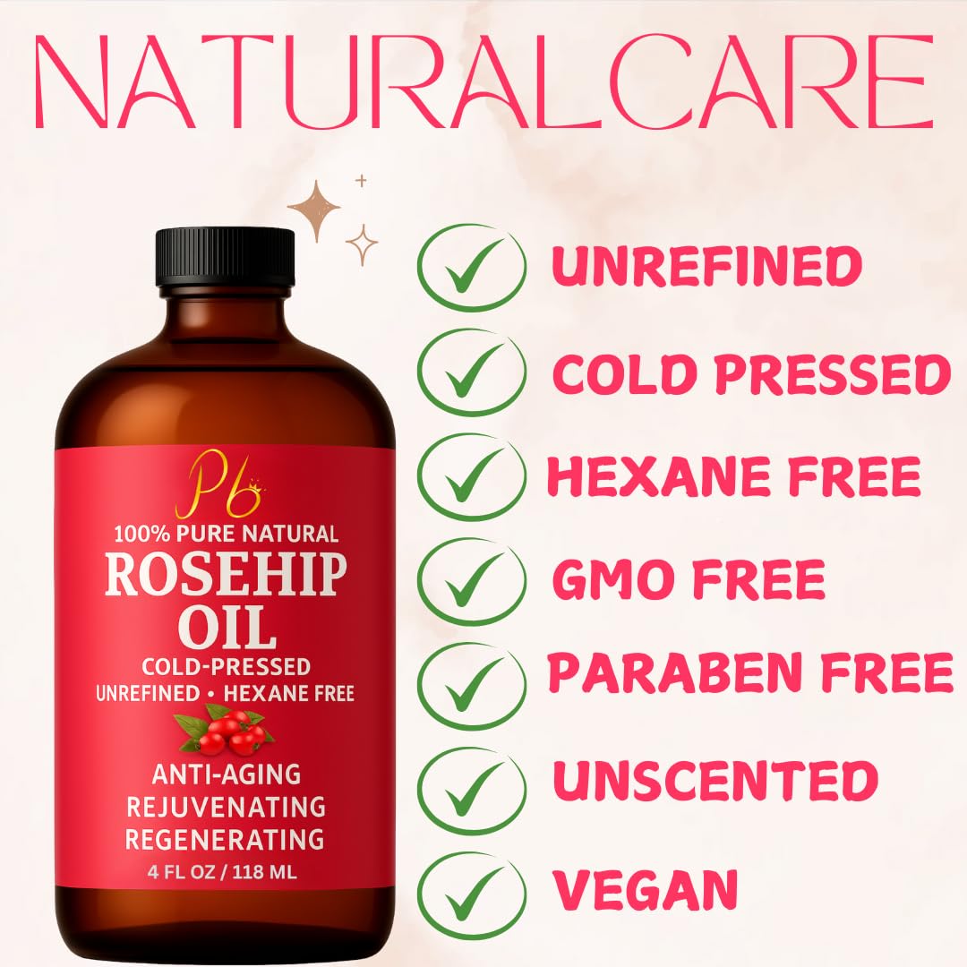 Pomberries Rosehip Oil – Cold-Pressed & Unrefined, Face, Skin & Hair Oil for Scars, Wrinkles, Stretch Marks, Daily Hydration & Massage, 4 fl oz