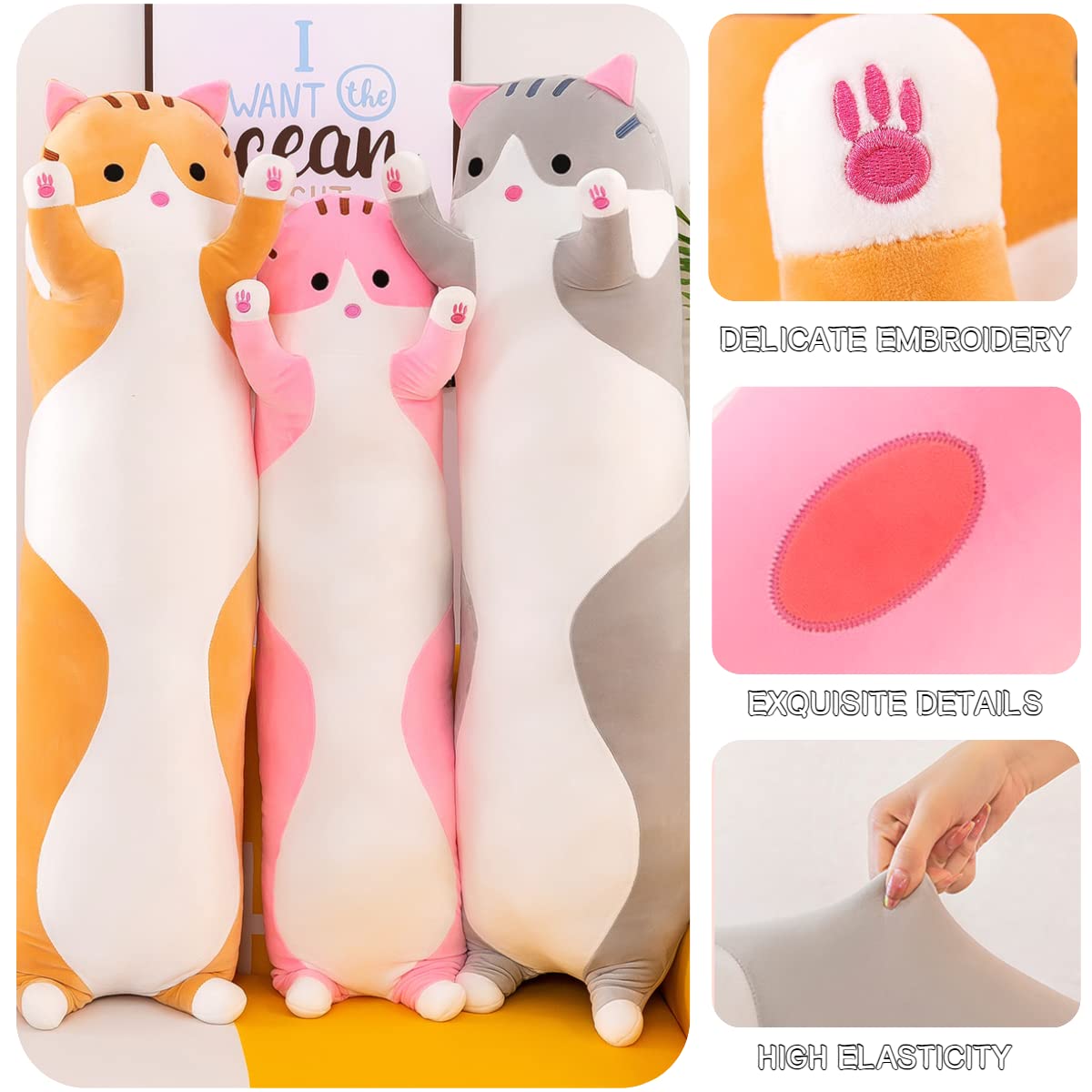 Giant Cat Pillow Plush, Soft Long Kitty Body Hugging Cushion Toy, Cuddly Cartoon Cat Plush Doll for Kids & Girlfriend (Gray, 110cm)
