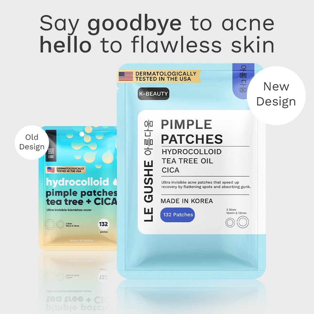 LE GUSHE Korean Pimple Patches 132 Dots - Hydrocolloid Acne Stickers with Tea Tree Oil, Invisible, Dermatologist Tested Skincare