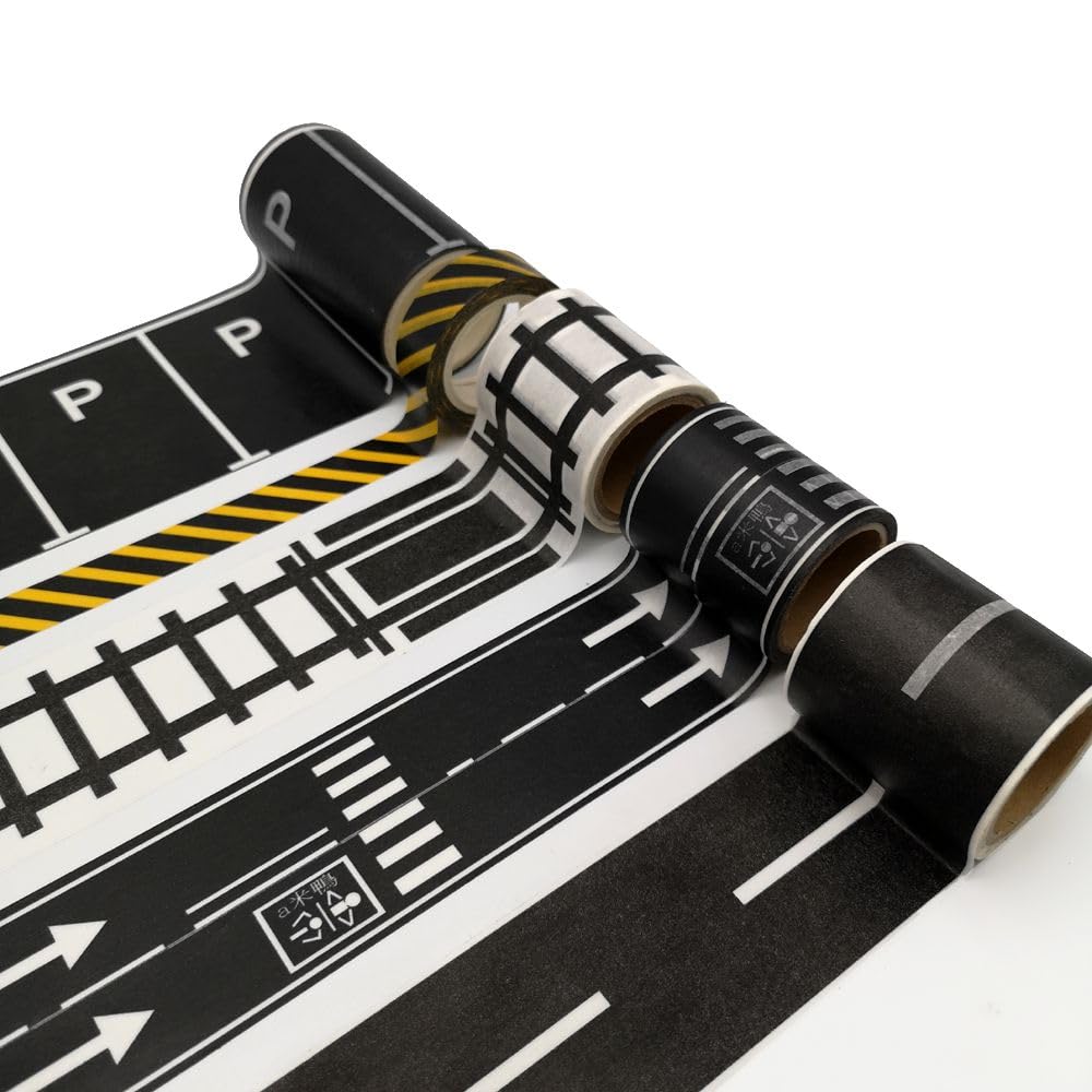 Road Tape for Toy Cars & Trains, 3 Rolls 197" x 1.9" with Traffic Signs, Stick to Floors & Walls, Easy Cleanup, Kids Play Gift