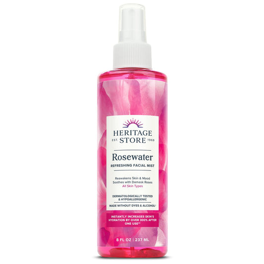HERITAGE STORE Rosewater Facial Mist – Hydrating, Alcohol-Free & Hypoallergenic Rose Spray for Glowing Skin, Vegan & Cruelty-Free, 8oz
