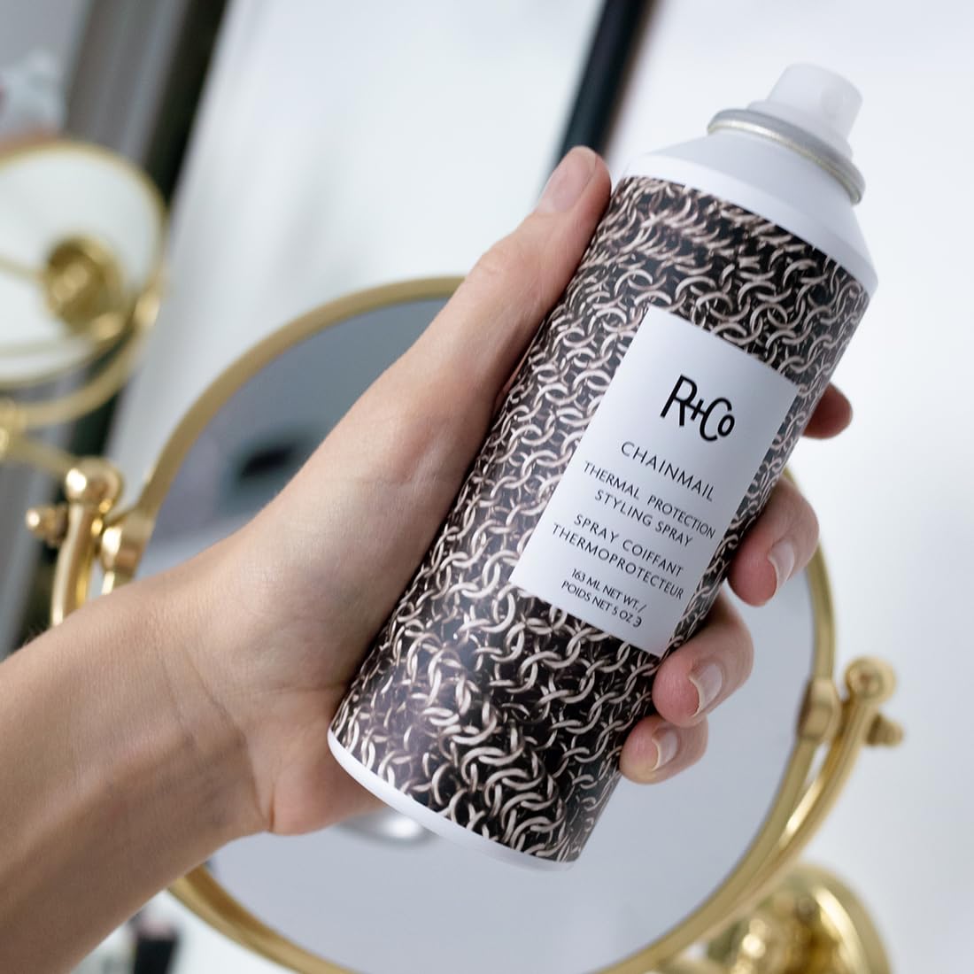 R+Co Chainmail Heat Protection Spray For Hair | Thermal Protection + Flexible Hold + Silky Shine | Vegan + Cruelty-Free | 5 Oz