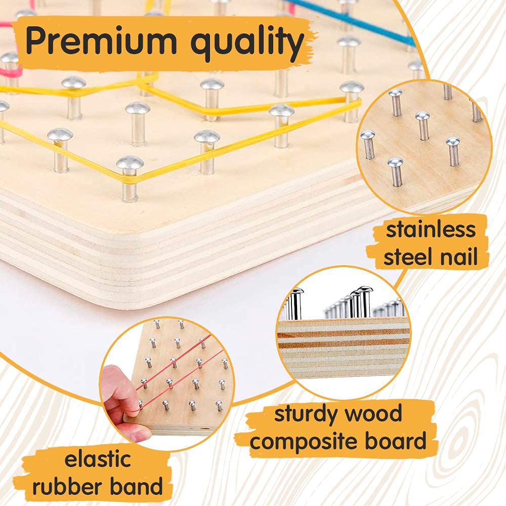 Panda Brothers Wooden Geoboard – Montessori STEM Toy for Kids Ages 3-5, Includes 30 Pattern Cards & 40 Rubber Bands for Creative Learning