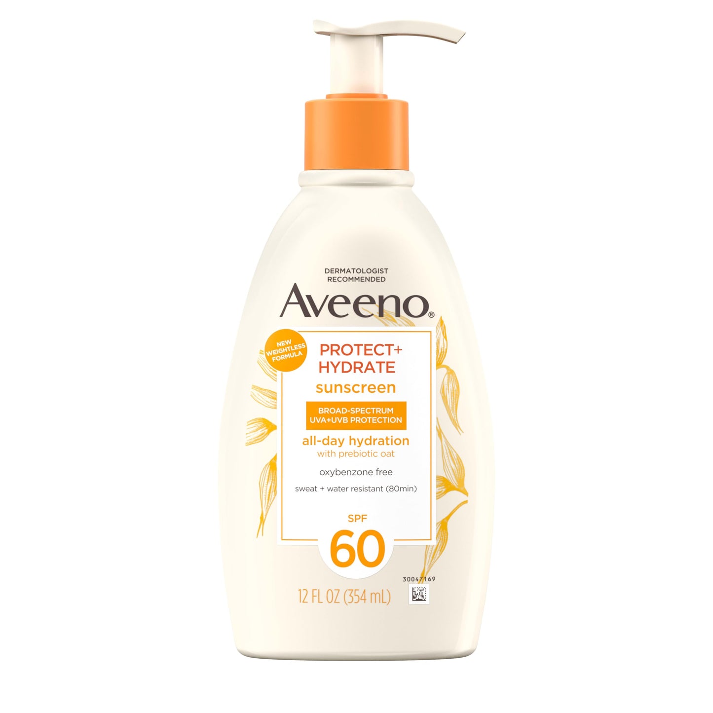 Aveeno Protect + Hydrate Sunscreen Lotion SPF 60 – Moisturizing, Prebiotic Oat, Oil & Paraben Free, Water & Sweat Resistant, 12 oz