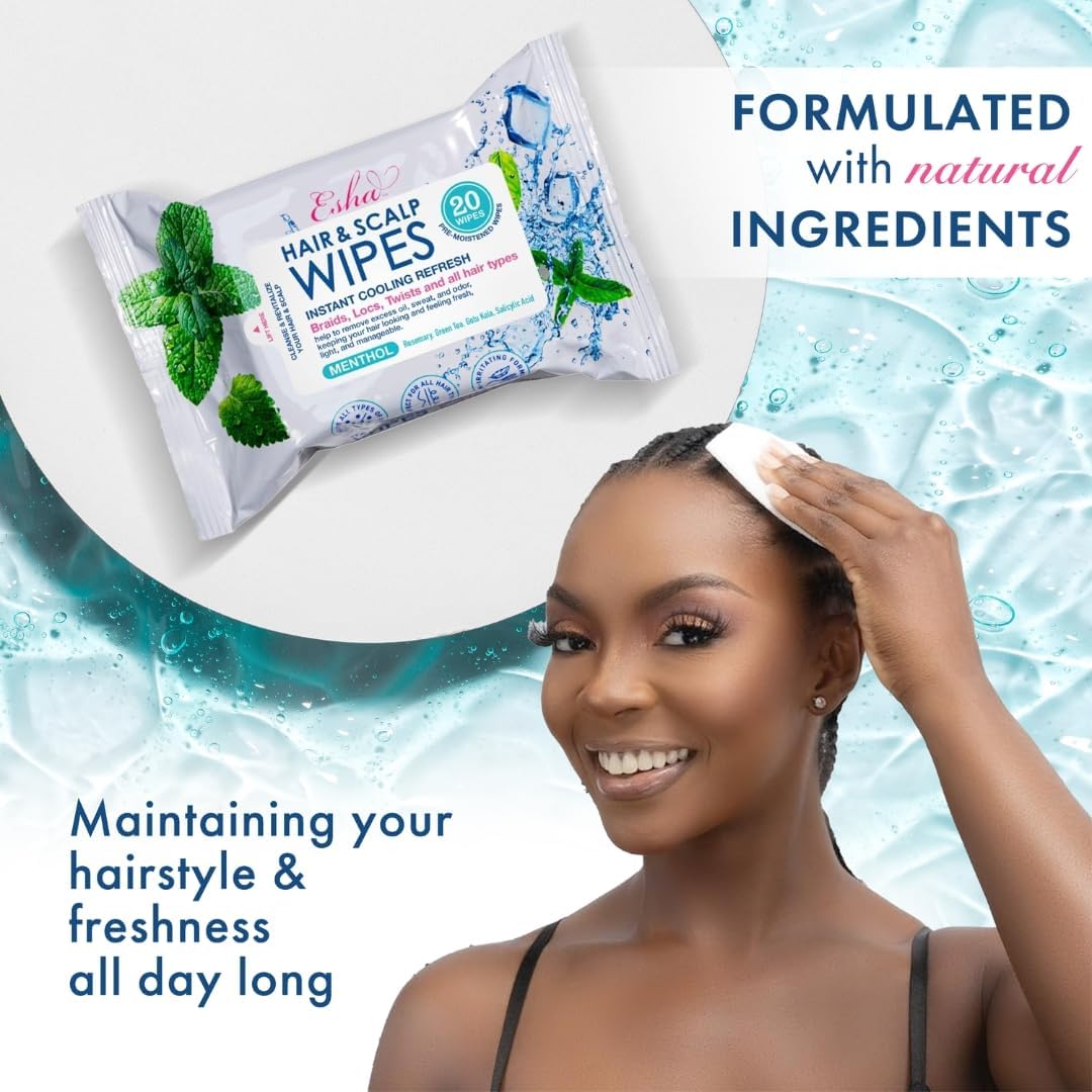 ESHA Hair & Scalp Wipes: Instant Cooling Refresh for Braids, Locs, Twists & All Hair Types - Stay Cool, Stylish, and Confident