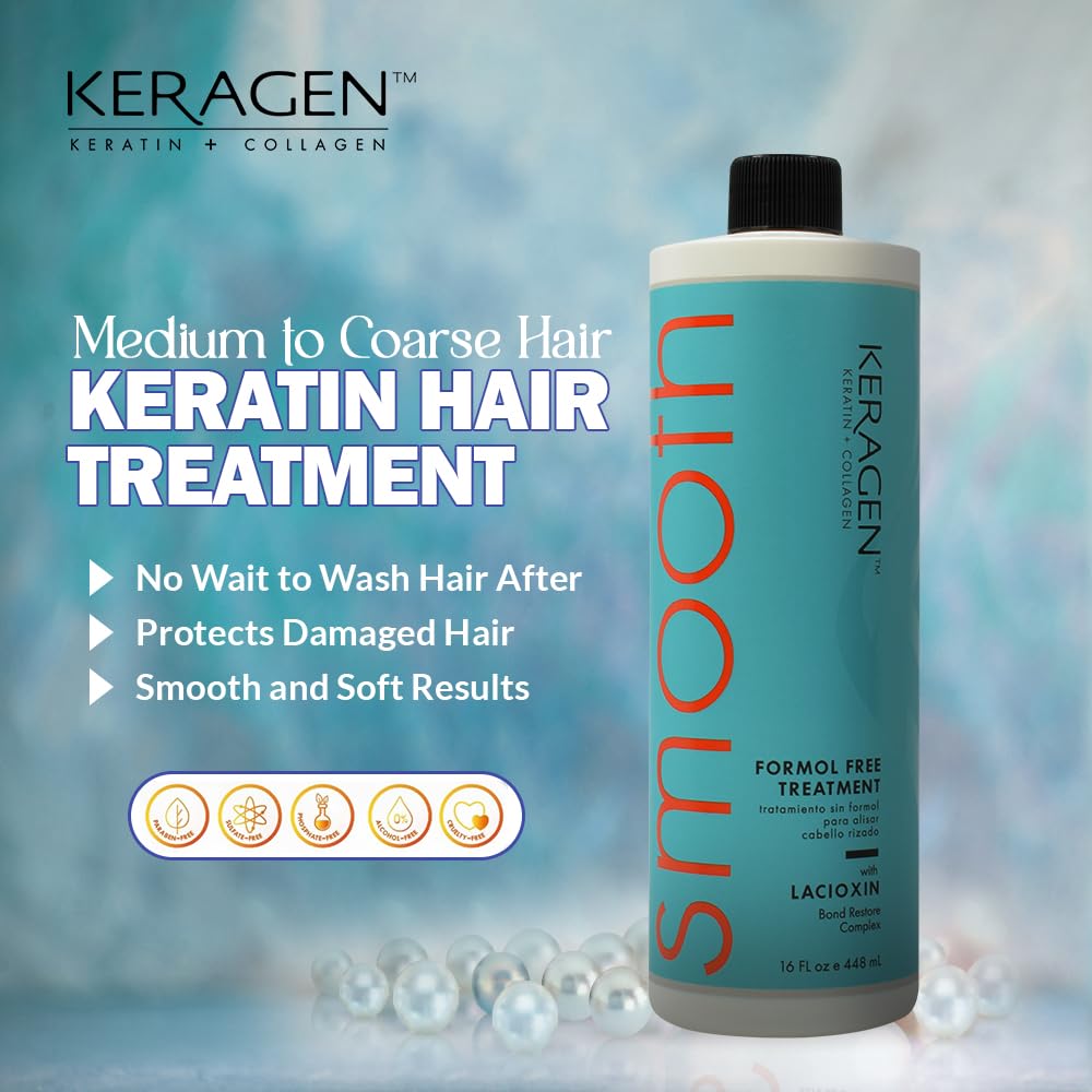Keragen Brazilian Keratin Smoothing Treatment 16 Oz | Formaldehyde-Free Blowout for Frizzy, Dry, or Damaged Hair | Smooth, Silky Finish for Fine to Medium Hair