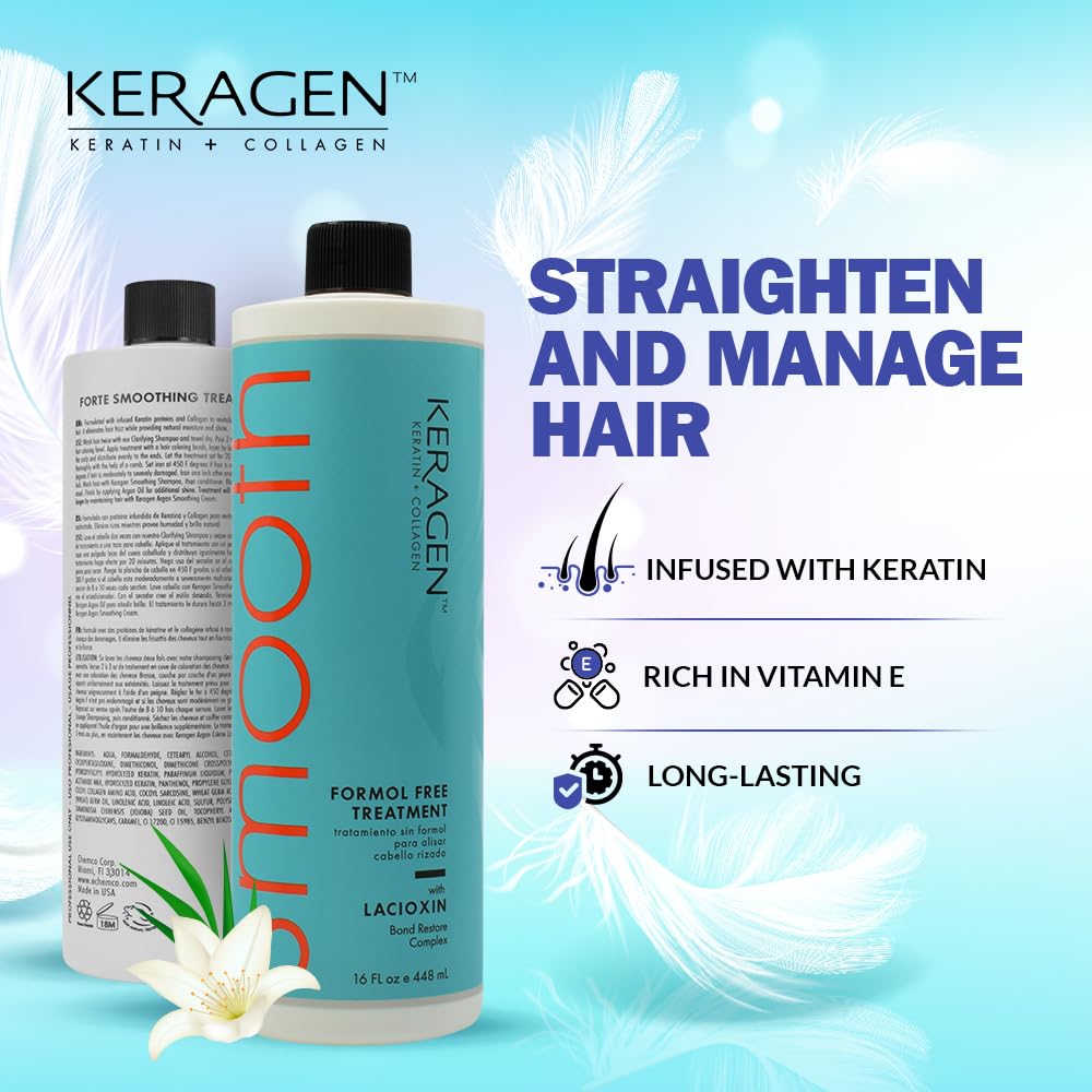 Keragen Brazilian Keratin Smoothing Treatment 16 Oz | Formaldehyde-Free Blowout for Frizzy, Dry, or Damaged Hair | Smooth, Silky Finish for Fine to Medium Hair