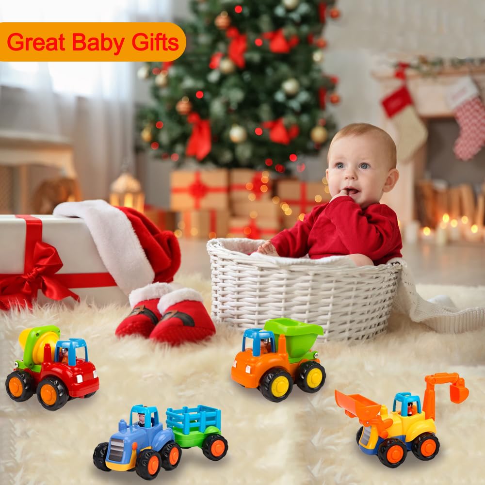 Friction Powered Cars Push & Go Construction Vehicle Toy Set with Tractor, Bulldozer, Dump Truck & Cement Mixer for Toddlers & Boys Gifts