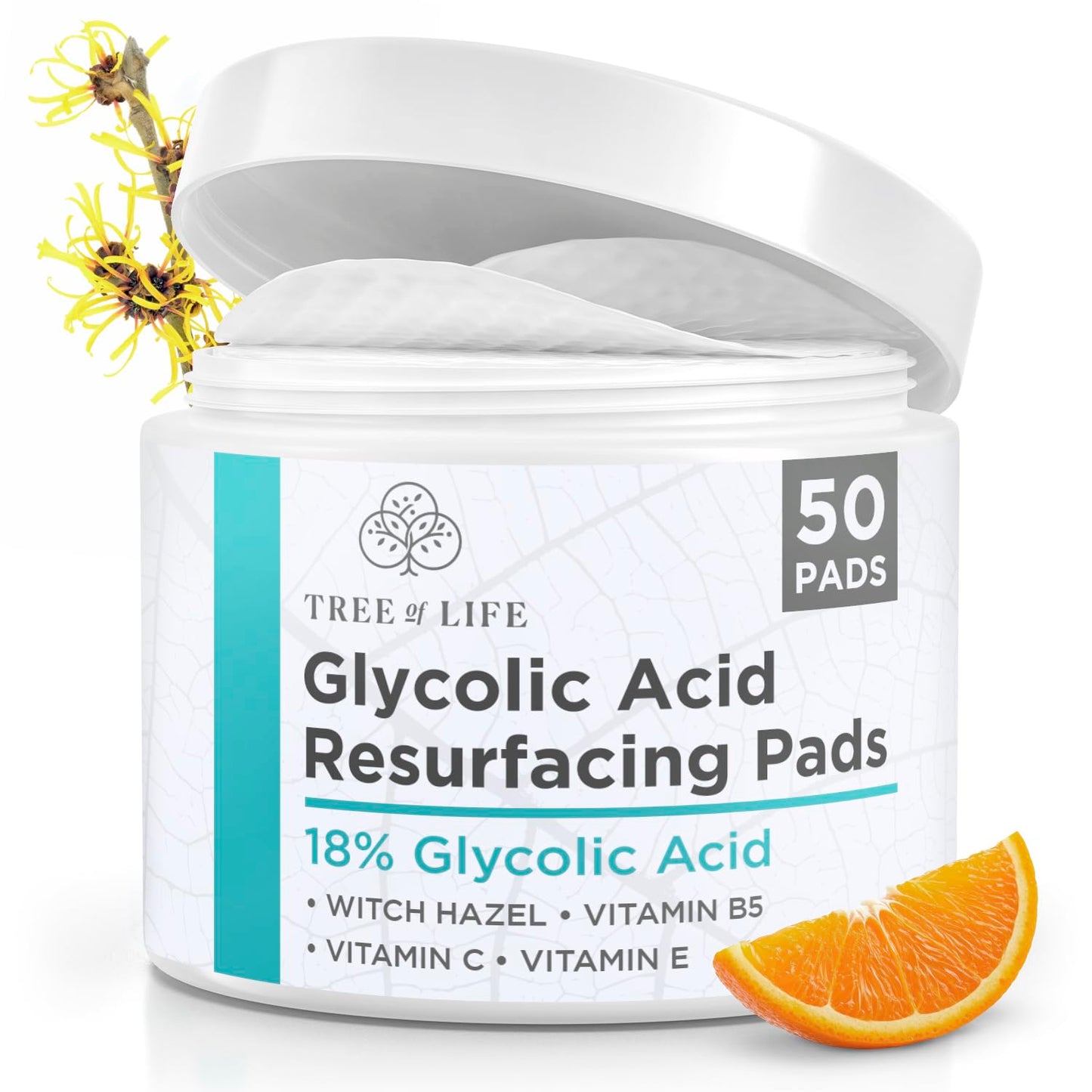 Tree of Life 18% Glycolic Acid Face Pads, 50 Count – Exfoliating Pads with Witch Hazel, Vitamins C, B5 & E for Smooth Skin & Reduced Pigmentation