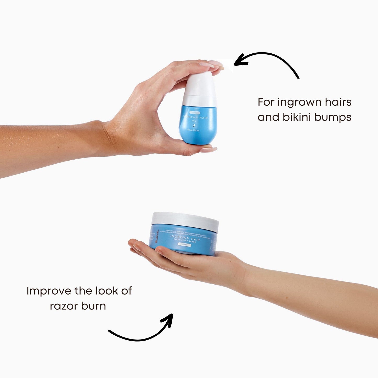 Bushbalm Ingrown Hair Trio Bundle – Roller Rescue, Nude Oil & Scrub with AHA/BHA, Exfoliating & Soothing for Razor Bumps