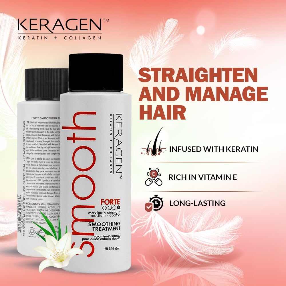 Keragen Brazilian Keratin Smoothing Treatment Forte – Blowout Straightening System for Dry, Damaged, Medium to Coarse Hair, Sulfate-Free, 2 Oz