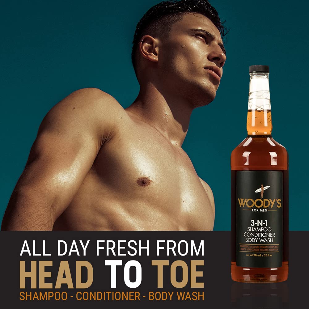 Woody's Mens Body Wash 3 in 1 – Shampoo, Conditioner, & Body Wash, All-in-One Cleanser, Refreshing & Hydrating with Natural Extracts - 32 fl oz