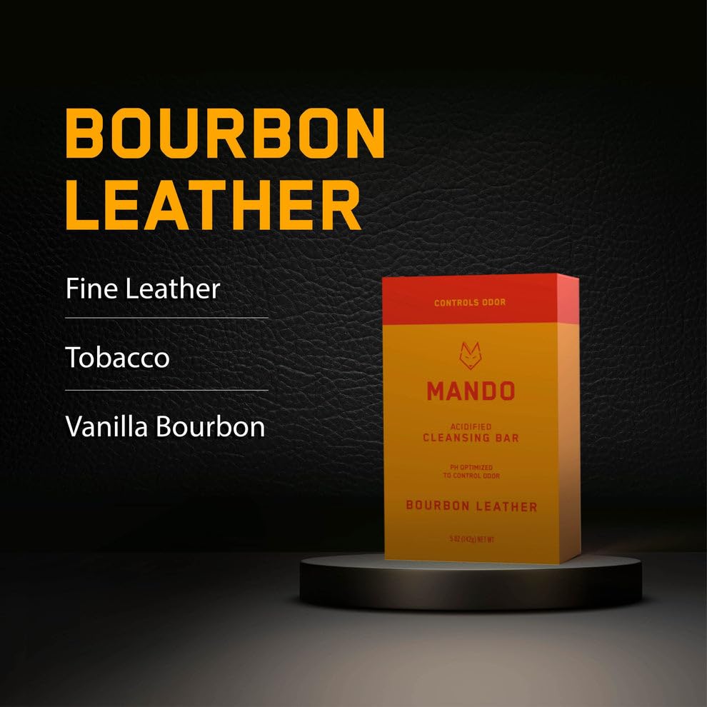 Mando Acidified Cleansing Bar – 24H Odor Control, Moisturizing, SLS & Paraben Free, Gentle on Sensitive Skin – Bourbon Leather Scent