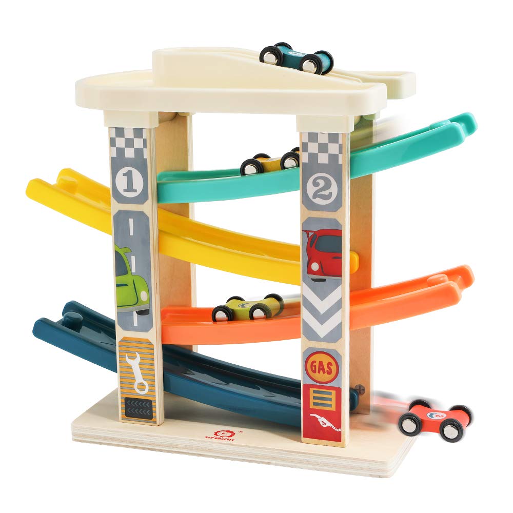 TOP Bright Wooden Toddler Race Track & Car Ramp Toys for 1-2 Year Olds with 4 Mini Cars and Garage – Motor Skills Playset