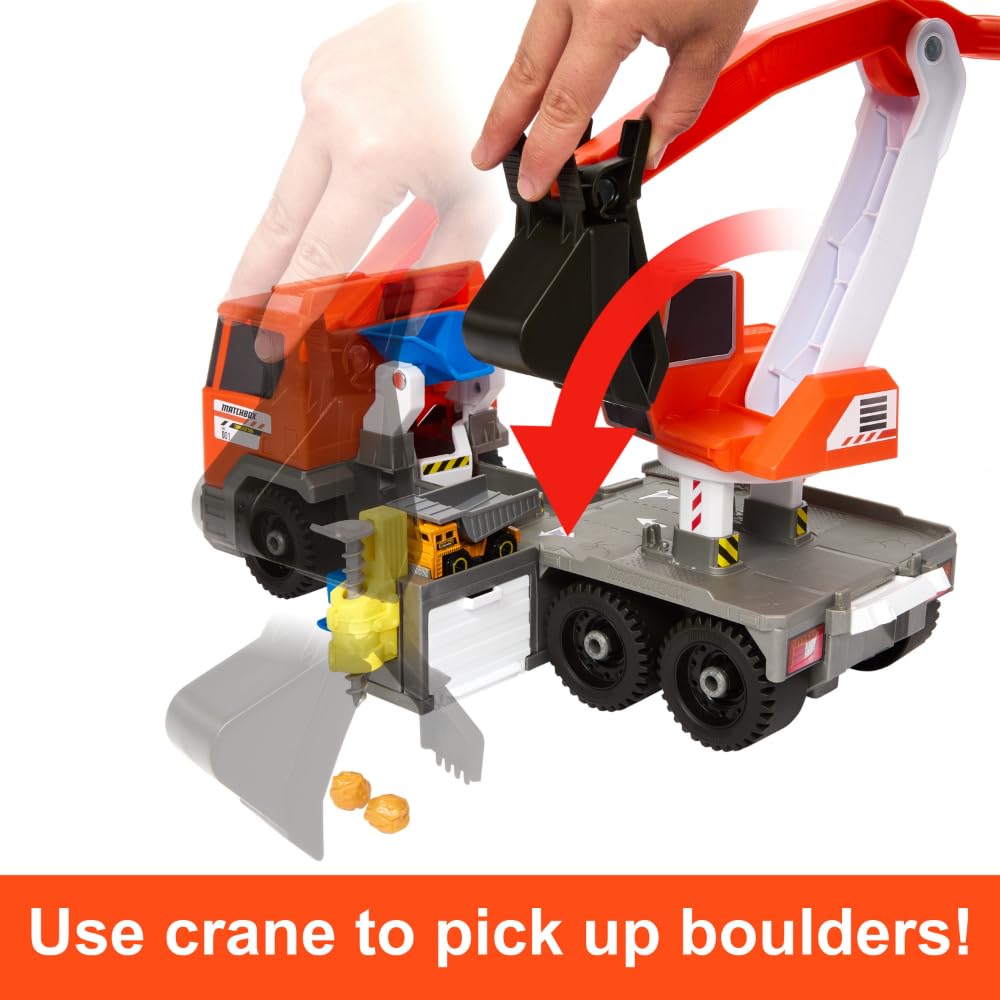 Matchbox Cars Playset, Action Drivers Transforming Excavator, Large Toy Truck, 1:64 Scale Construction Vehicle & 4 Accessories