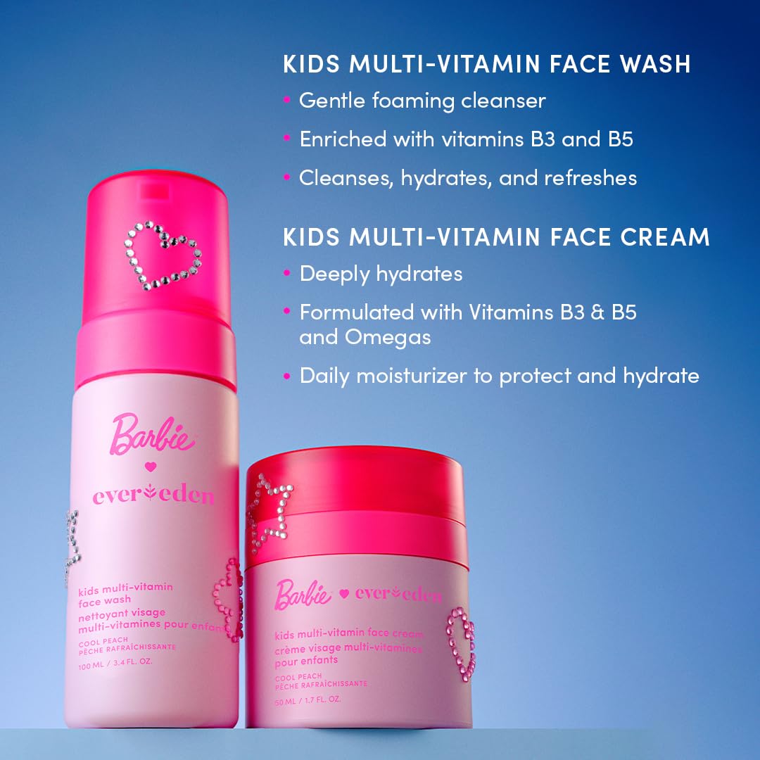 Evereden Barbie Kids Happy Face Duo Set – Multi-Vitamin Face Wash & Cream with Stickers & Bracelets, Vegan Skincare 3+