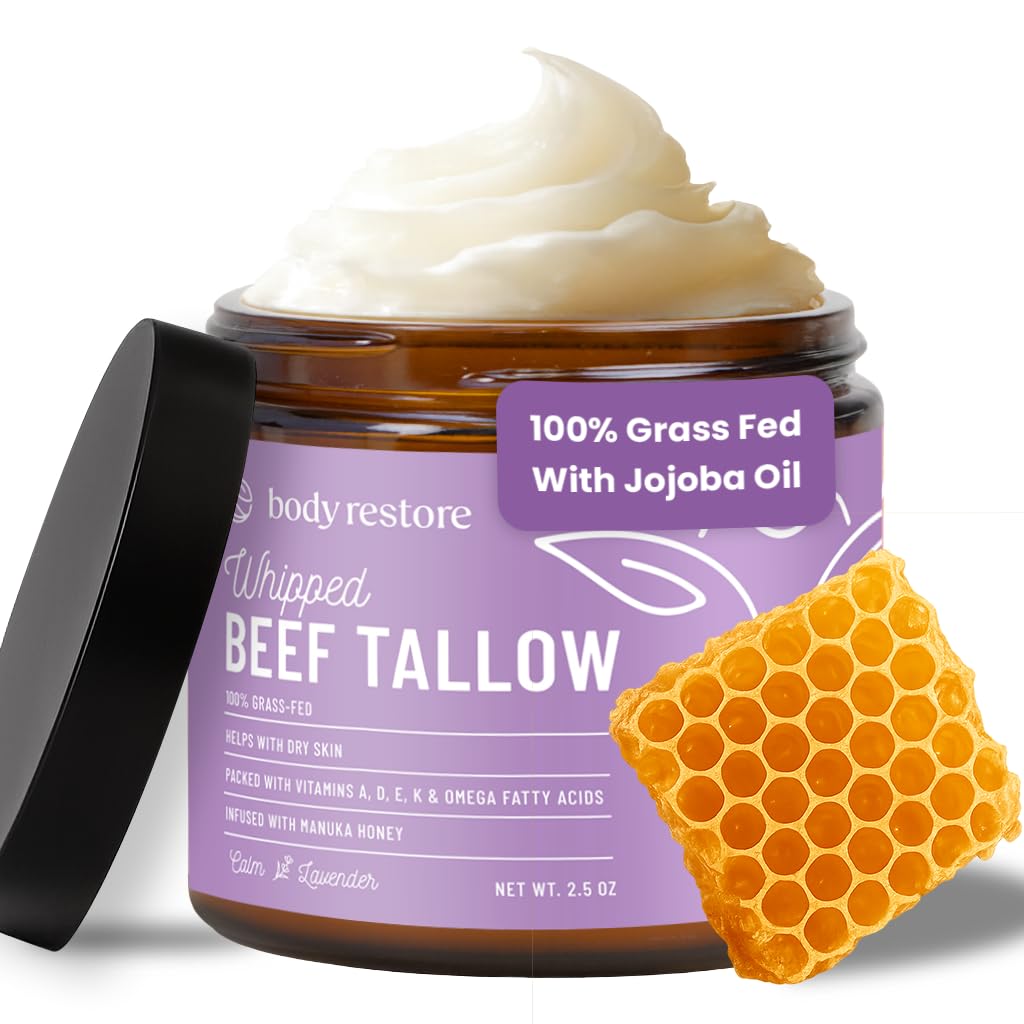 Body Restore Grass-Fed Whipped Beef Tallow for Dry Skin – Lavender, Manuka Honey & Jojoba Oil, Travel & Gift Essentials for Men & Women