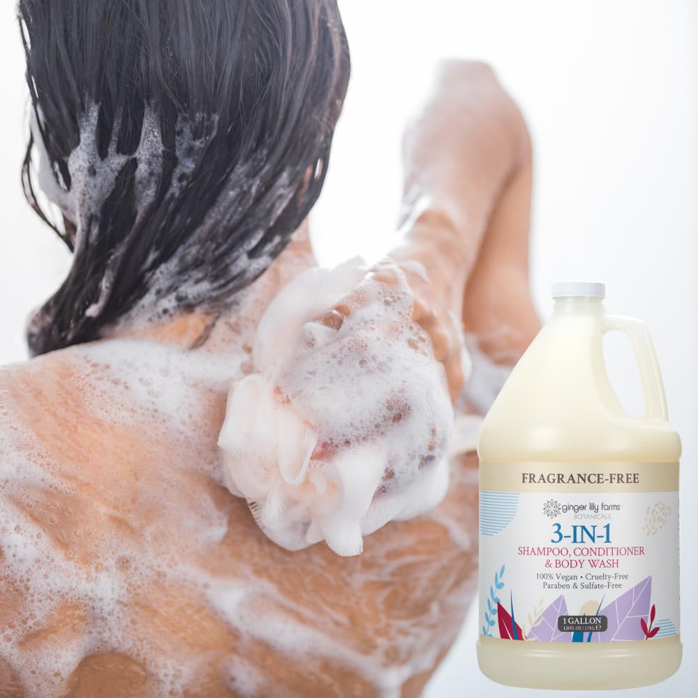 Ginger Lily Farms Botanicals 3-in-1 Shampoo, Conditioner & Body Wash, 100% Vegan & Cruelty-Free, Fragrance Free, 1 Gallon (128 fl oz) Refill