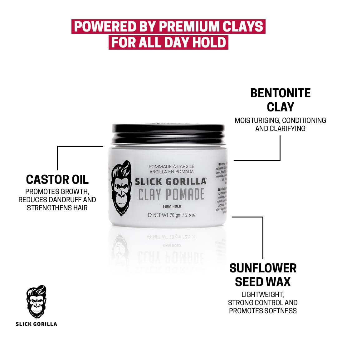 Slick Gorilla Clay Pomade for Men – Firm Hold, Natural Matte Finish Hair Clay | Non-Greasy, Easy to Wash, No Flakes | 2.5 oz (75 ml)