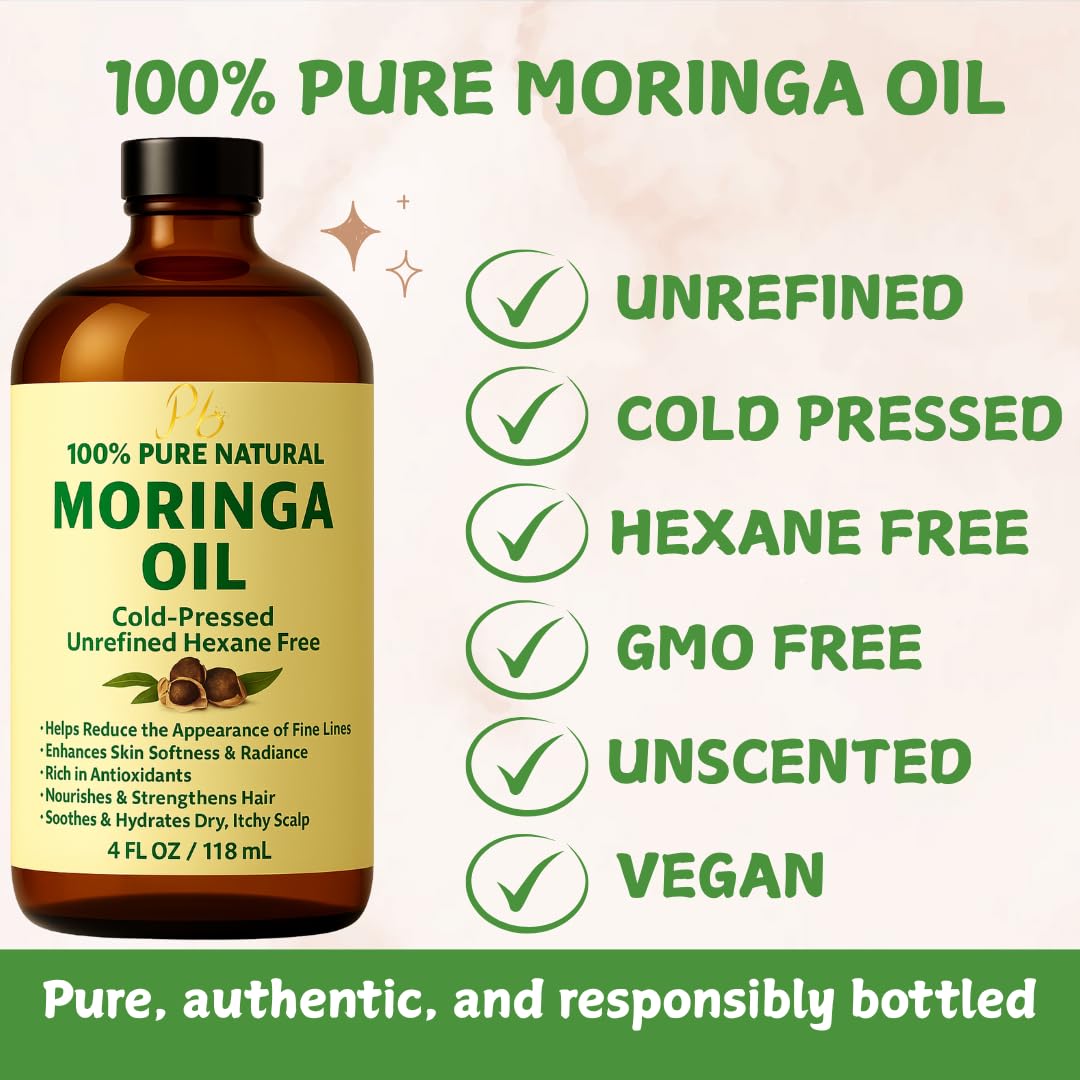Moringa Oil 100% Pure, Cold-Pressed & Unrefined – Face, Skin, Hair & Body Moisturizer, Hydrating & Anti-Aging – 4 fl oz Amber Bottle