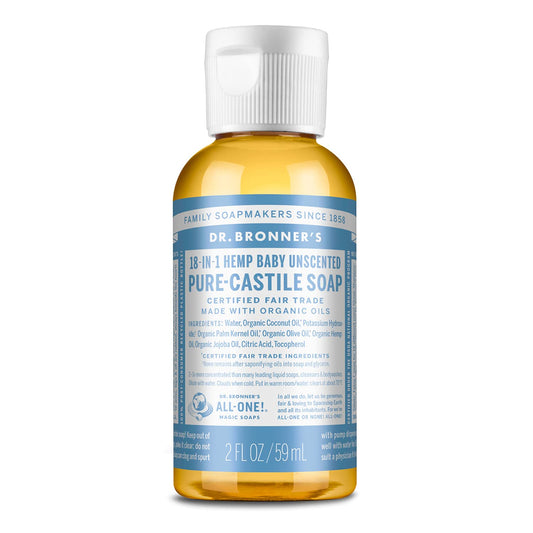 Dr. Bronner’s Pure-Castile Liquid Soap, Baby Unscented Travel Size (2 oz) – Organic Oils, 18-in-1 Use for Face, Body, Hair, Laundry, Pets & More, Vegan