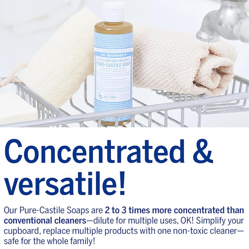 Dr. Bronner's Pure-Castile Liquid Soap, Baby Unscented 8oz – Organic, Fragrance-Free, Vegan, Gentle Face & Body Wash for Sensitive Skin