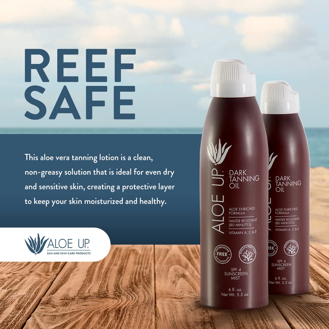 Aloe Up SPF 4 Dark Tanning Oil Spray – Body & Face Sun Tan Oil with Pure Aloe Vera & Natural Oils – Dries Clear, Reef Friendly, 6 oz