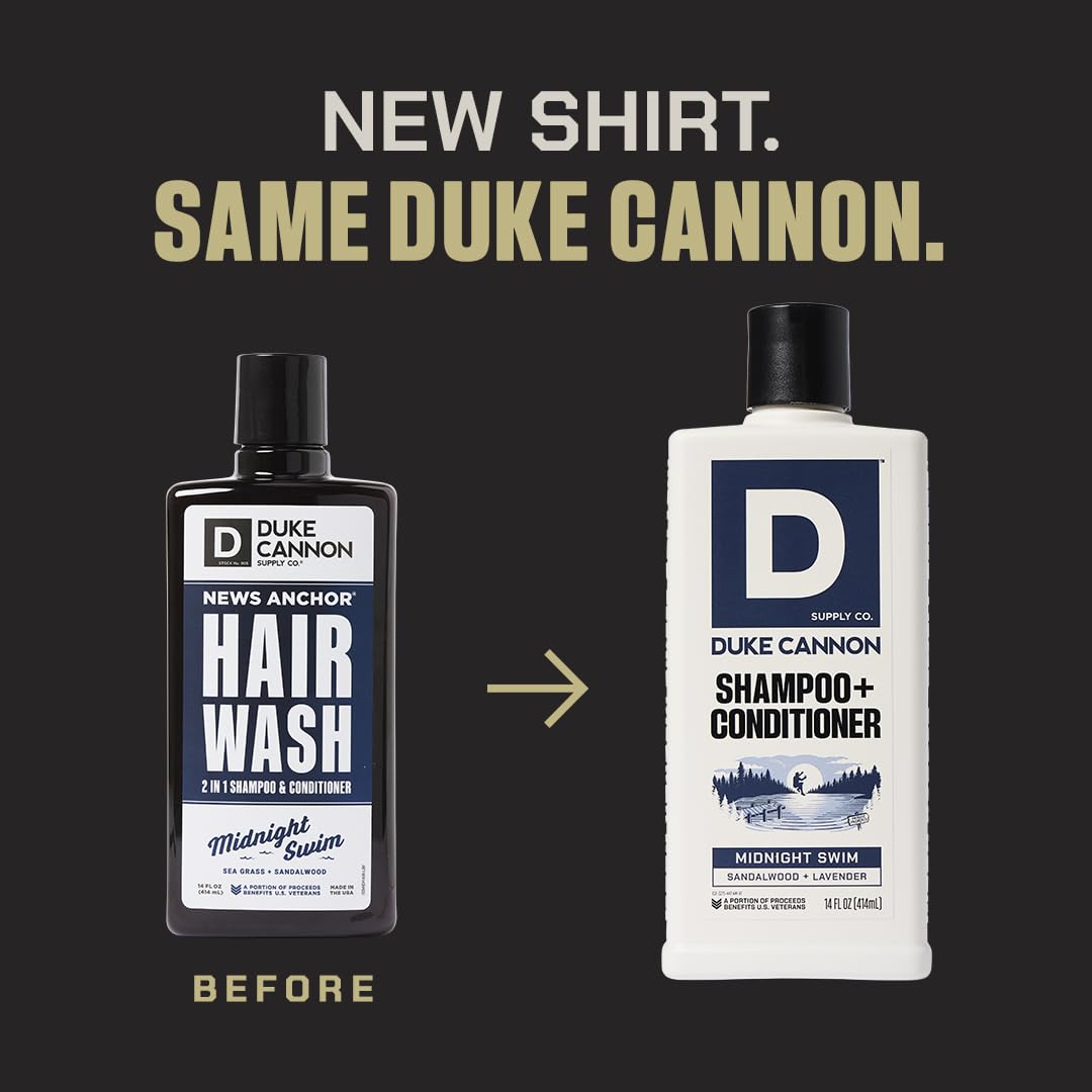 Duke Cannon 2-in-1 Hair Wash for Men - Shampoo & Conditioner with Masculine Scent - Strengthens & Cleanses Hair - Midnight Swim, 14 oz (2 Pack)