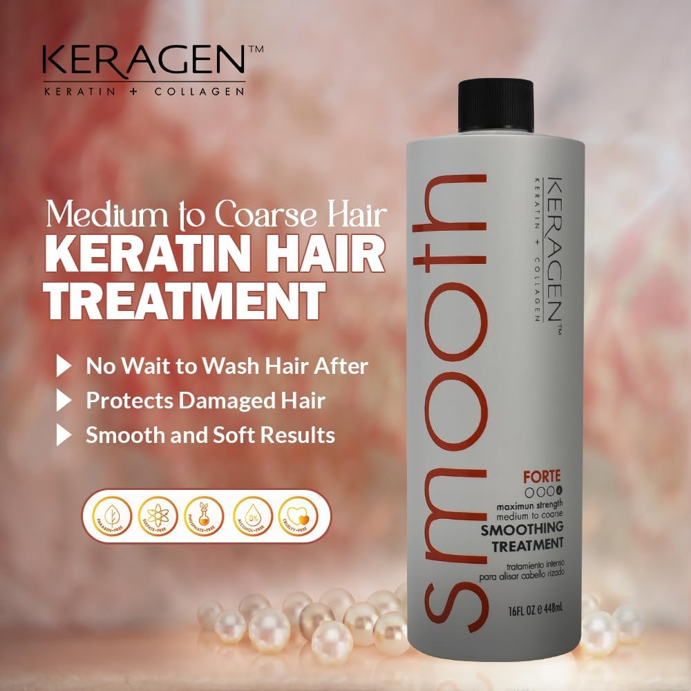 KERAGEN Brazilian Keratin Hair Treatment | Forte Blowout Straightening System for Dry, Damaged, Frizzy Hair | Sulfate-Free, For Medium to Coarse Hair, 16 Oz