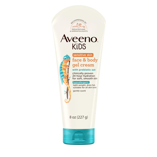 Aveeno Kids Sensitive Skin Gel Cream with Prebiotic Oat, Lightweight, Quick-Dry, Hypoallergenic, 24H Hydration for Face & Body, 8 oz