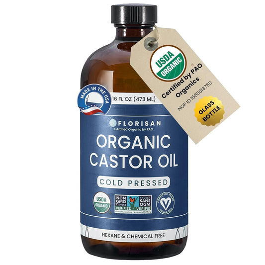 Florisan Organic Castor Oil 16oz – 100% Pure, Cold Pressed, Hexane-Free, Non-GMO Oil for Hair Growth, Skin, Lashes & Brows, USDA & EWG Certified