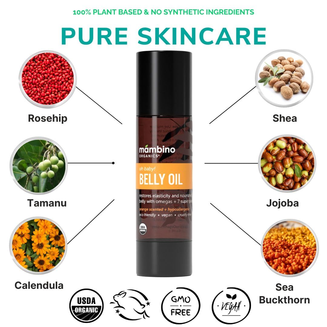 Mambino Organics Oh Baby! Belly Oil – Organic Stretch Mark Oil for Pregnancy & Postpartum, Hydrating Tamanu, Shea Butter & Calendula, Vegan, 4 fl oz