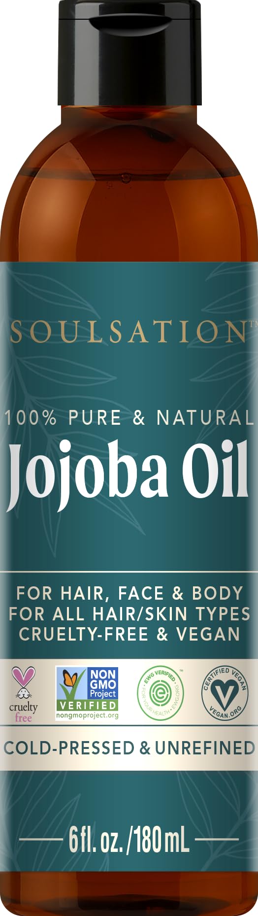 SOULSATION 100% Pure Jojoba Oil – Cold Pressed, Unrefined, Vegan & Cruelty-Free Moisturizer for Skin, Hair, Face, Body, Scalp & Beard 6oz