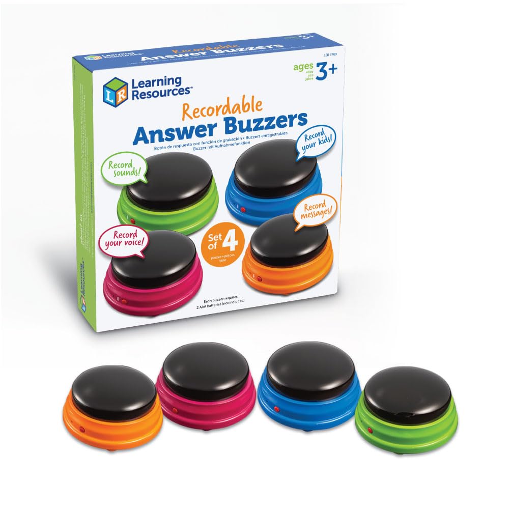 Learning Resources Recordable Answer Buzzers, Set of 4, Ages 3+ | Personalized Sound Buttons for Games, Trivia, Family Fun