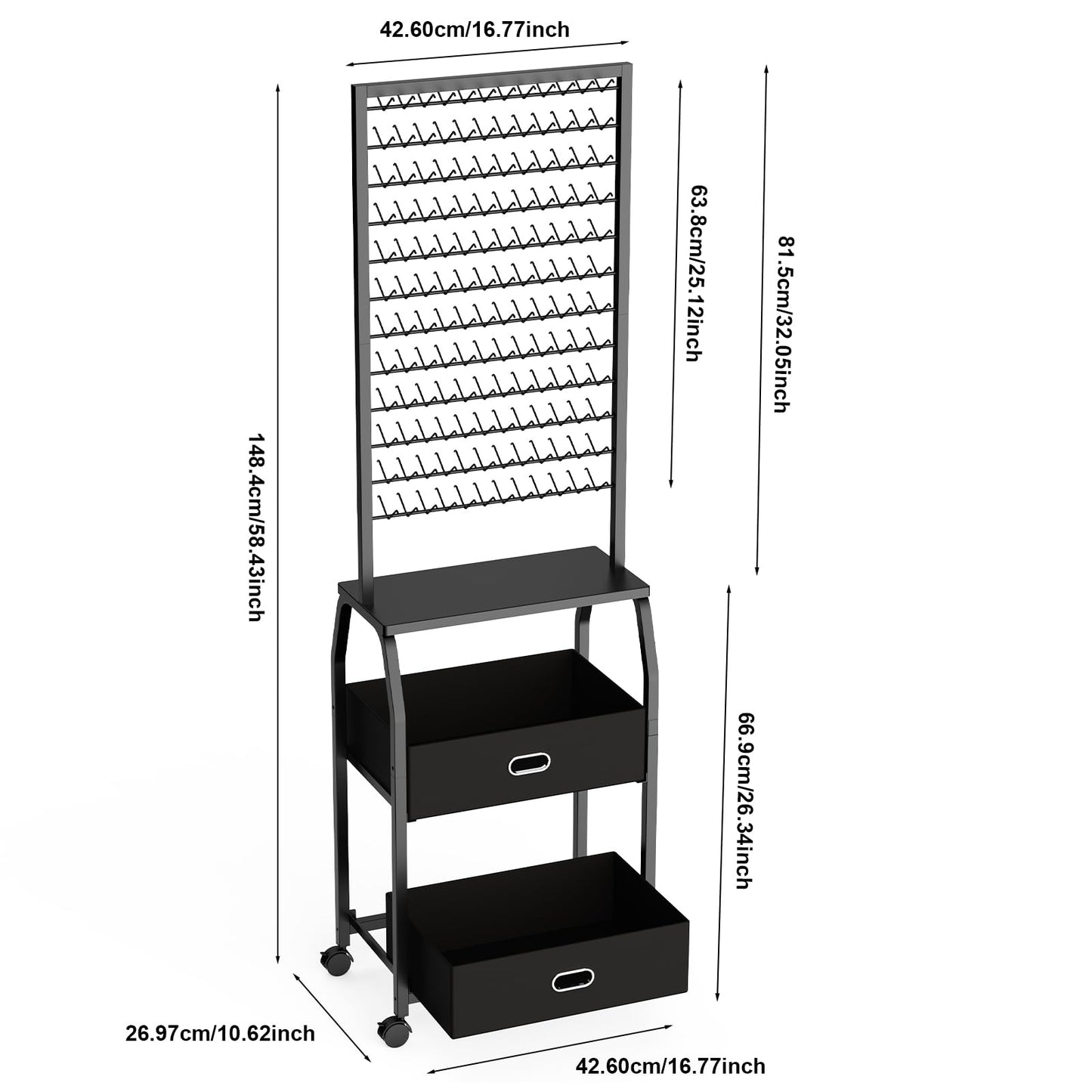 Portable Hair Braiding Rack with Wheels & Storage Drawers | 2-Sided 288 Pegs Hair Extension Holder & Organizer Stand with Tools (Black)