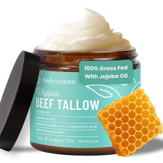 Body Restore Whipped Grass-Fed Beef Tallow for Dry Skin, Face & Body with Manuka Honey, Jojoba & Eucalyptus – Travel, Gifts & Stocking Stuffers