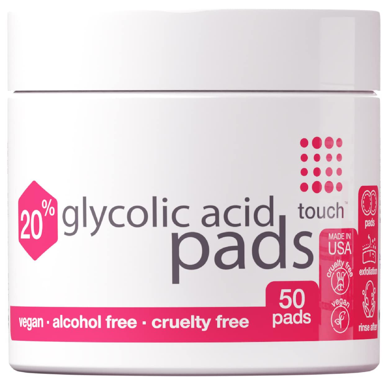 TOUCH 20% Glycolic Acid Pads – Exfoliating AHA Peel Wipes for Dullness, Pores, Scars, Fine Lines & Uneven Skin, 50 Count