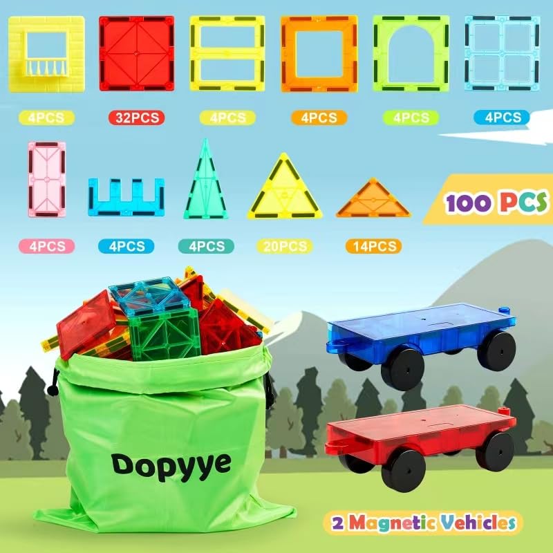 Dopyye 100PCS Magnetic Building Tiles for Kids, STEM Educational Magnet Blocks with Storage Bag, Stacking Toy Gift for Ages 3-9