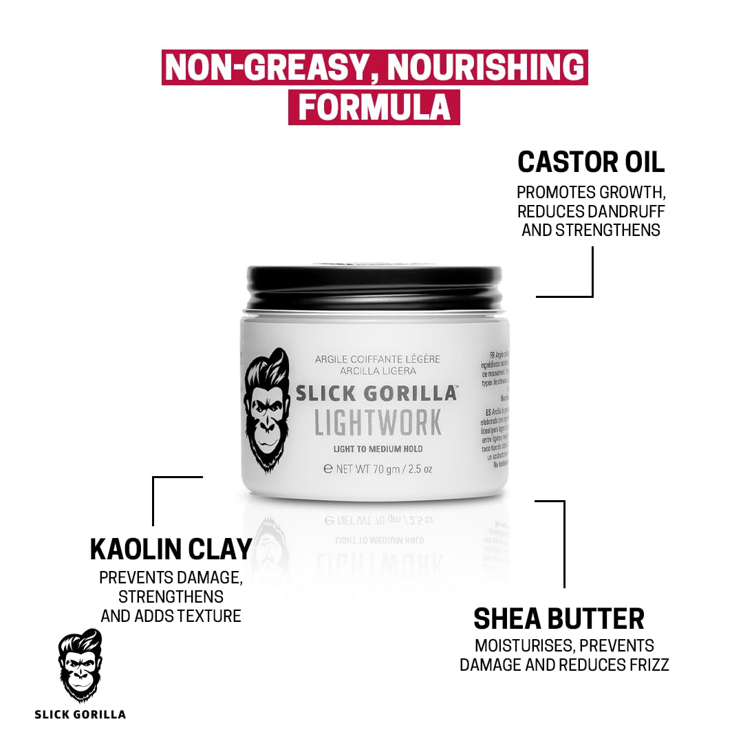 Slick Gorilla Lightwork Matte Hair Clay for Men 2.5 oz | Lightweight Water-Based Styling Clay | Flexible Hold, Natural Texture & Non-Greasy Matte Finish