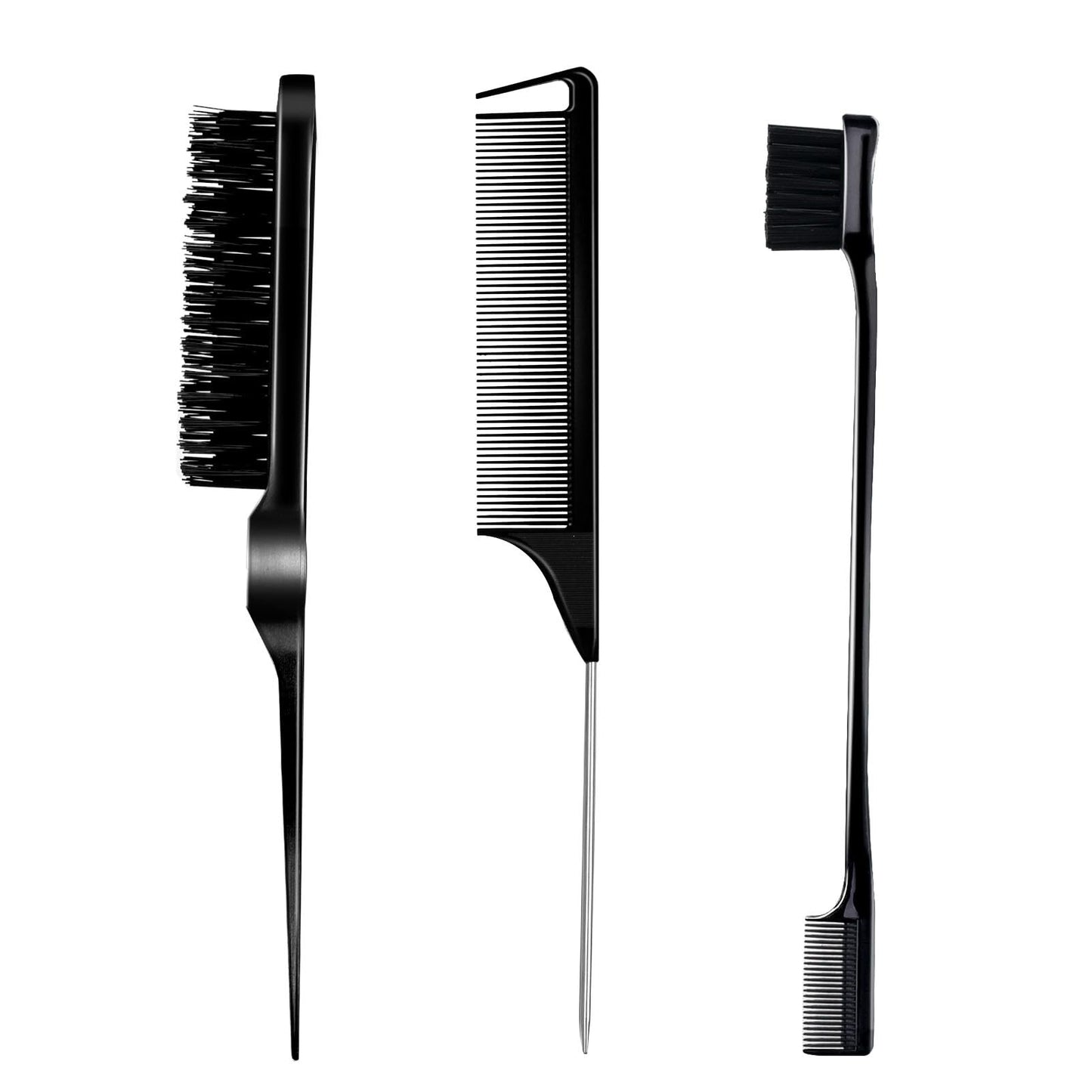 3 Pieces Hair Styling Comb Set Teasing Brush Rat Tail Comb Edge Brush for Edge&Back Brushing, Combing, Slicking Hair for Women (Black)
