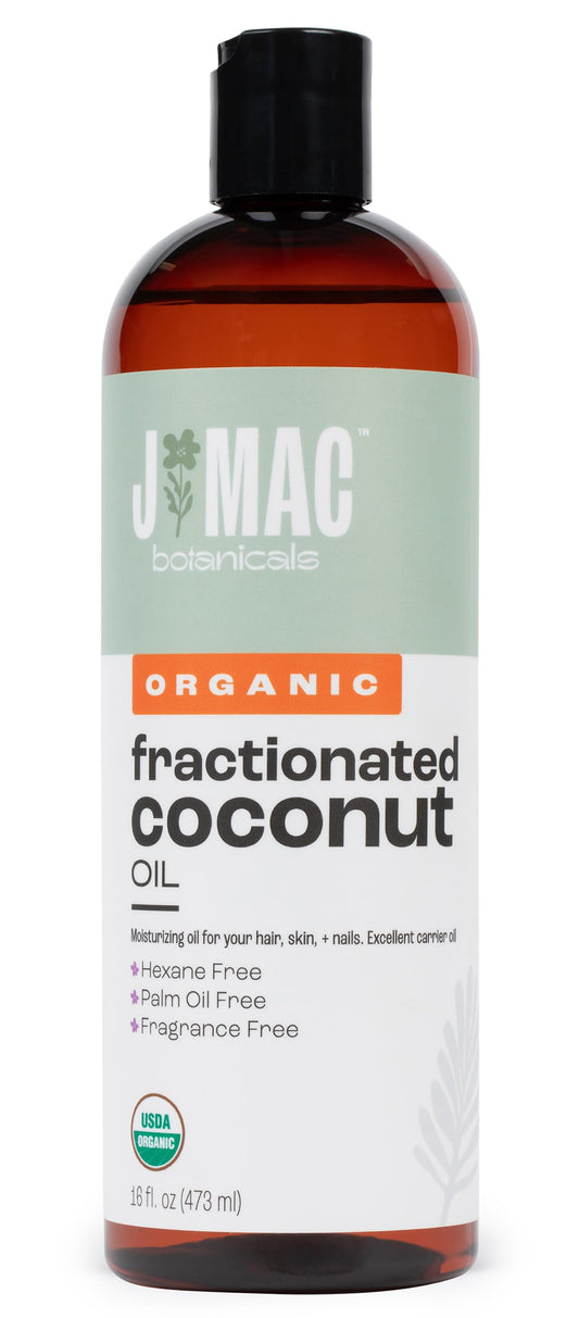 J MAC BOTANICALS Organic Fractionated Coconut Oil 16oz – Carrier Oil for Essential Oils, Hair, Skin & Massage, Leave-In Conditioner