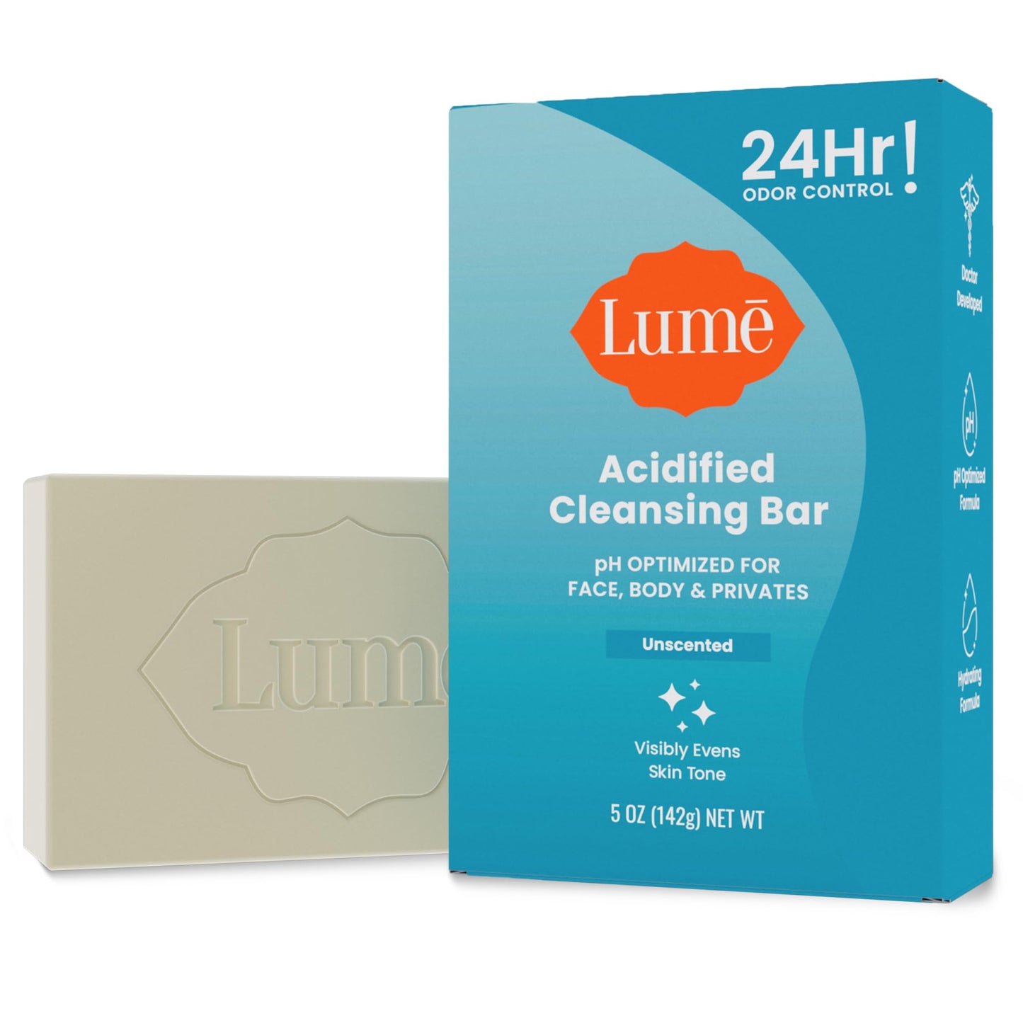Lume Acidified Body Cleansing Bar, Unscented – 24 Hr Odor Control, Moisturizing, SLS & Paraben Free, OB/GYN Developed, 5 oz
