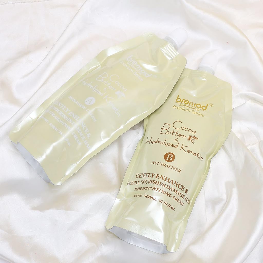 Bremod Hair Straightening Rebonding Cream with Cocoa Butter & Keratin – Professional Treatment for Smooth, Shiny, Healthy Hair, All Types, 2×16.9 Fl Oz