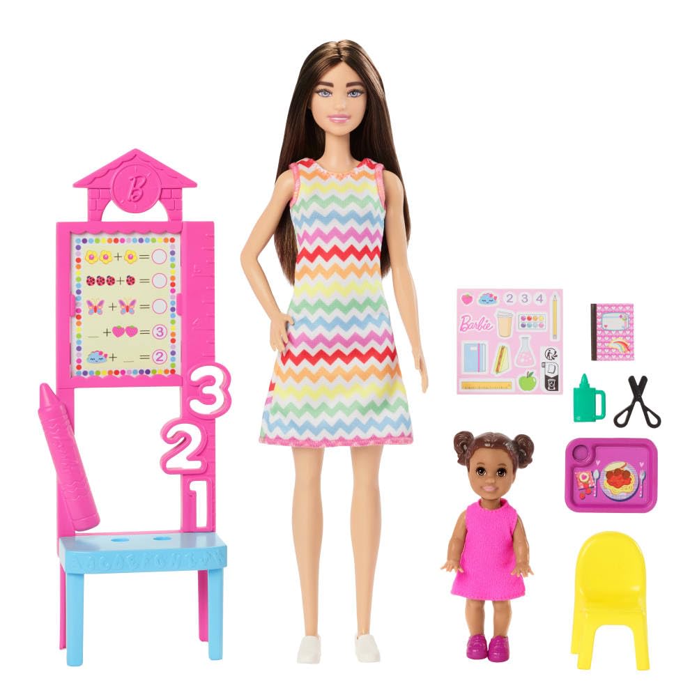 Barbie Teacher with Brunette Fashion Doll with Printed Dress, 1 Toddler Doll, & Teaching Accessories