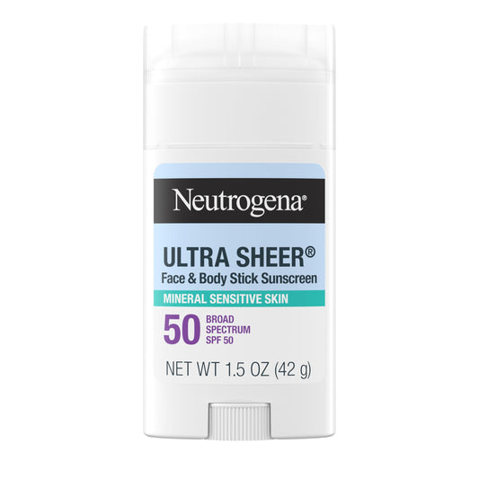 Neutrogena Ultra Sheer Dry-Touch SPF 50 Mineral Sunscreen Stick – Zinc Oxide, Vitamin E, Vegan, No White Residue, Face & Body, 1.5 oz