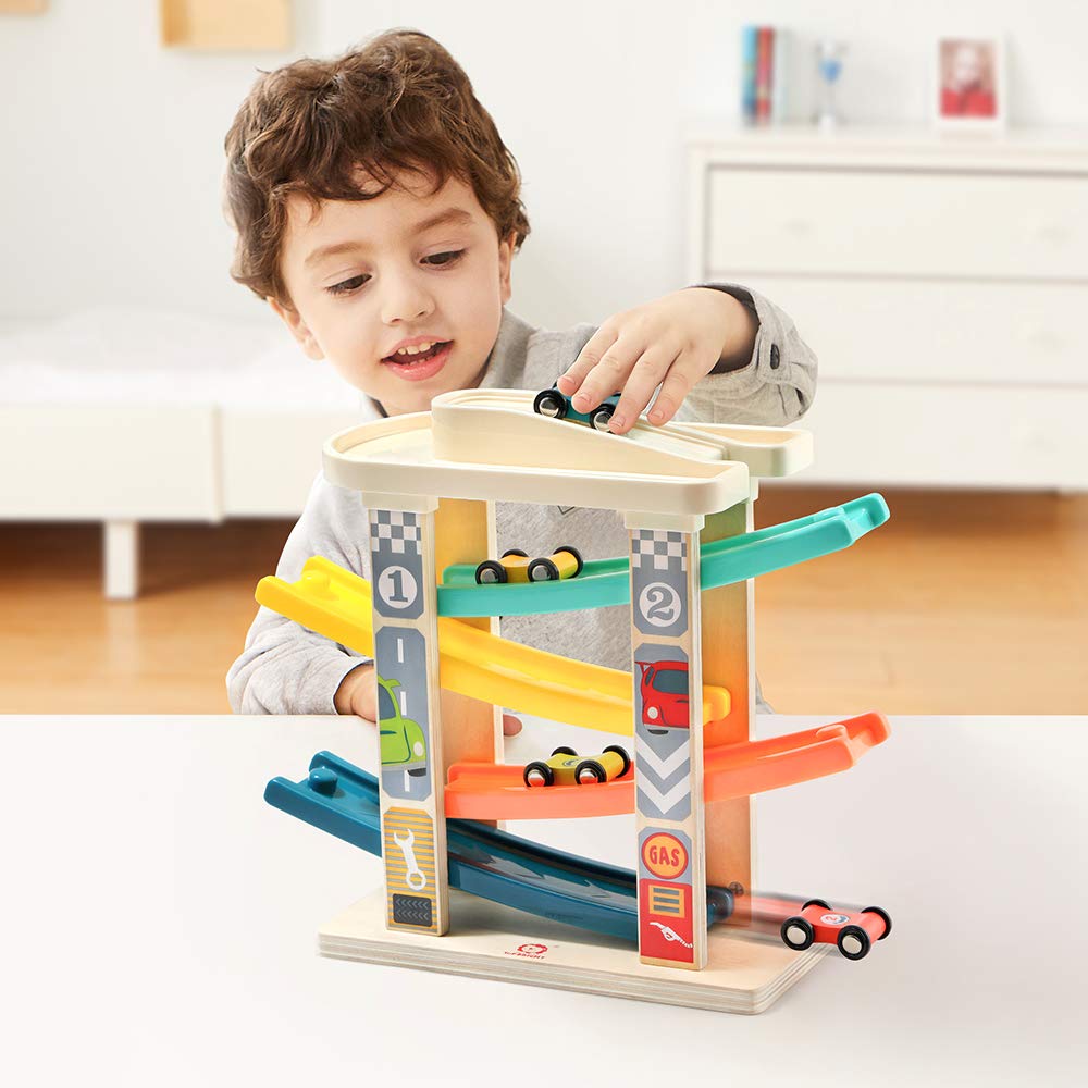 TOP Bright Wooden Toddler Race Track & Car Ramp Toys for 1-2 Year Olds with 4 Mini Cars and Garage – Motor Skills Playset