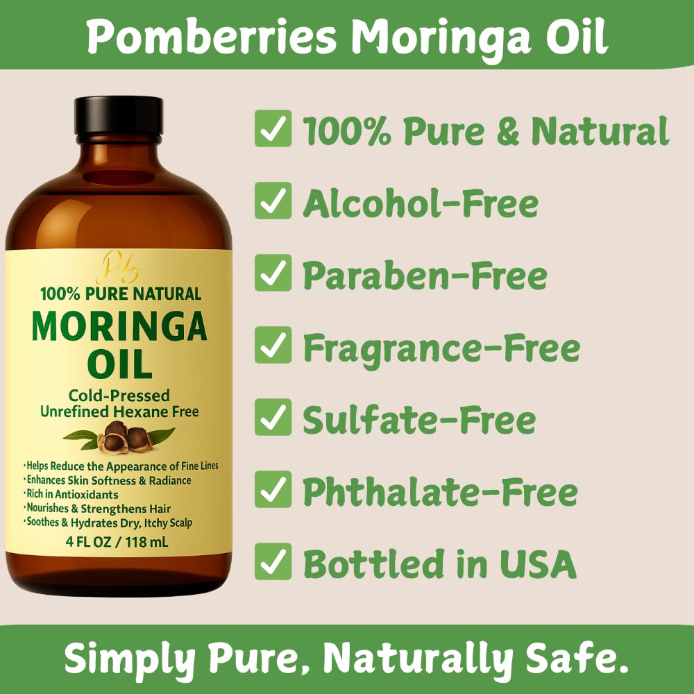 Moringa Oil 100% Pure, Cold-Pressed & Unrefined – Face, Skin, Hair & Body Moisturizer, Hydrating & Anti-Aging – 4 fl oz Amber Bottle