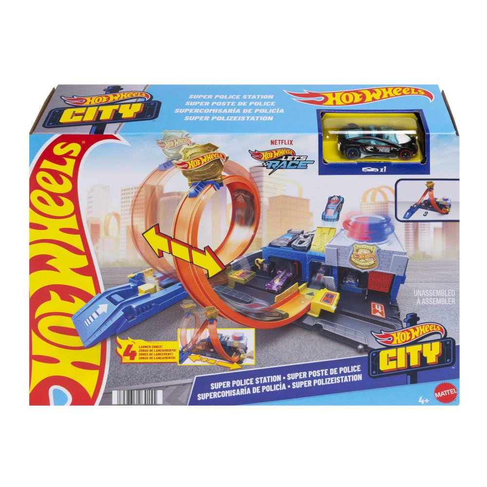 Hot Wheels Toy Car Track Set, Super Police Station Playset with 1:64 Scale Die-Cast Vehicle, Adjustable Loop for Multiple Ways to Race & Stunt