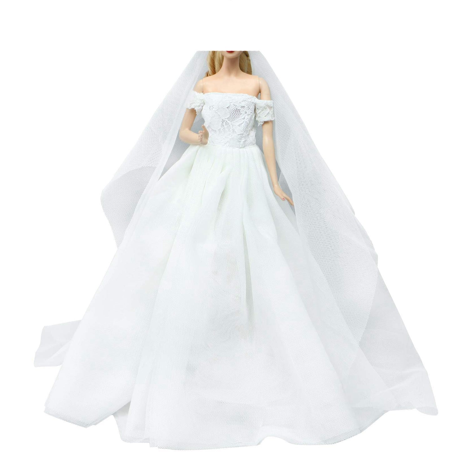 BJDBUS Wedding Set White Dress Bridal Veil and Groom Formal Suit Outfit for Boys Girl 11.5 in. Doll Clothes