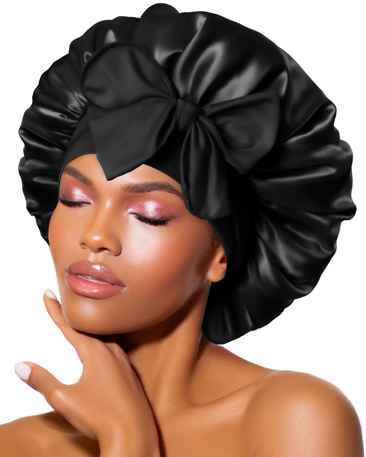 BONNET QUEEN Silk Bonnet for Sleeping Women Satin Bonnet Night Sleep Cap Hair Wrap for All Hair with Adjustable Tie Band,Black